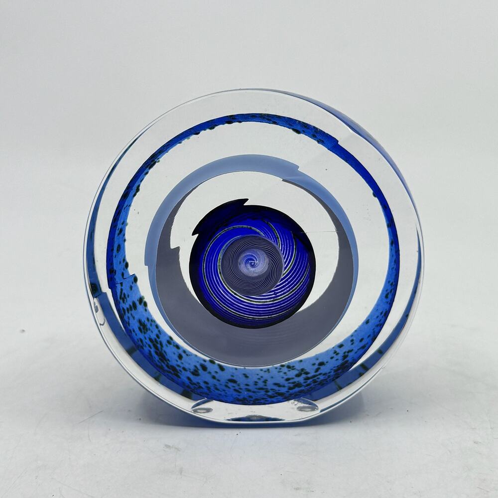 SBC Hand Blown Art Glass Blue Vortex Paper Weight Signed